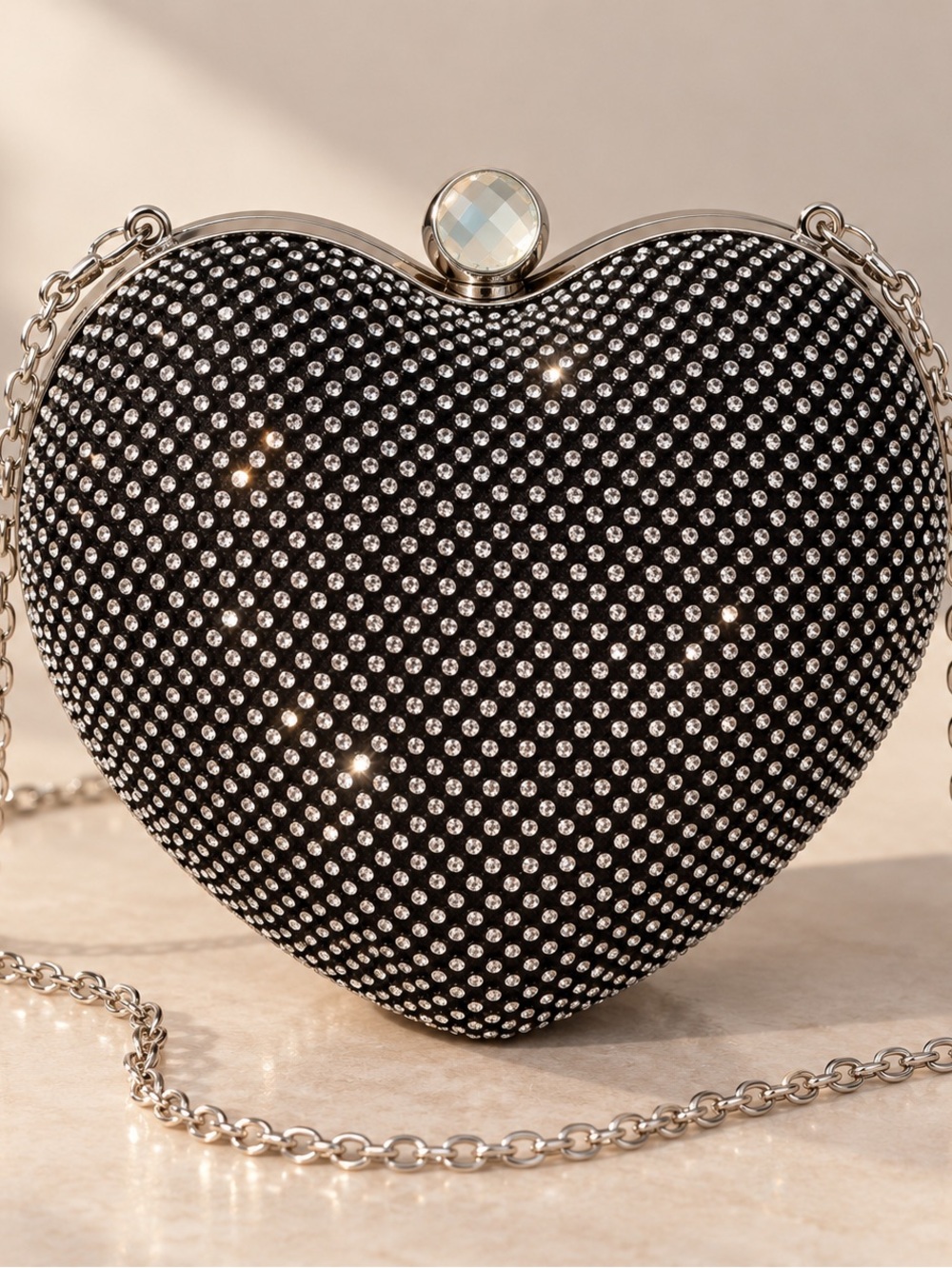 New Black Rhinestone Heart Clutch Purse with Silver Chain | Evening Bag